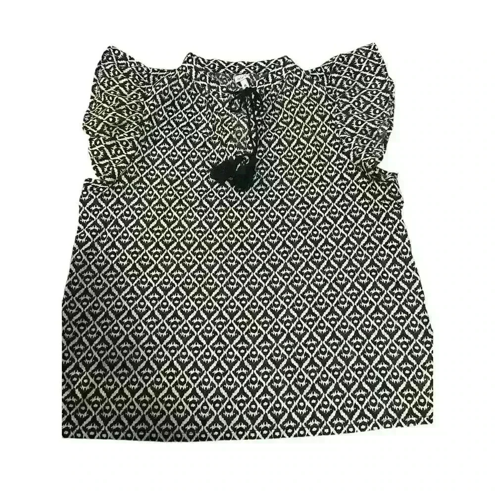 TheGET- Women’s Shirt Beige & Black Geometric Design With Ruffles Short Sleeves